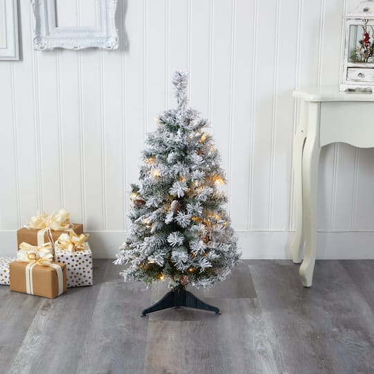 3ft. Pre-Lit Flocked White River Mountain Pine & Pinecones Artificial Christmas Tree with Clear LED Lights